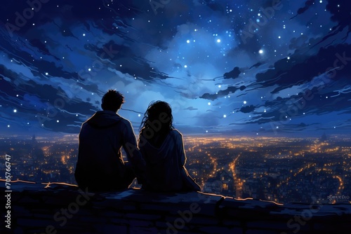 Two individuals seated on the edge of a ledge  captivated by the beauty of the night sky.  A starry night with a couple sitting close together on a rooftop  AI Generated