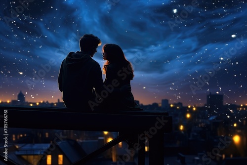 A couple enjoying a serene moment together as they sit on a bench and look up at the stars in the night sky., A starry night with a couple sitting close together on a rooftop, AI Generated