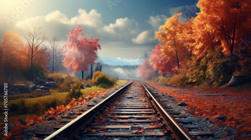 abandoned Railway road in autumn forest