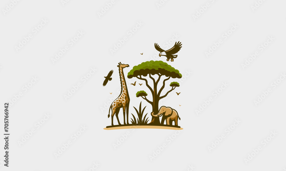 Obraz premium giraffe and elephant and big tree vector logo design