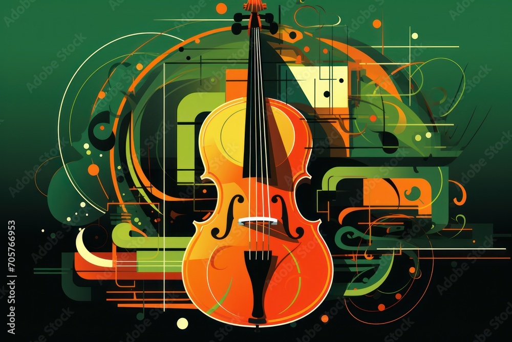  a violin on a green and black background with swirls and circles around it and a square in the middle of the image with a rectangle in the center.
