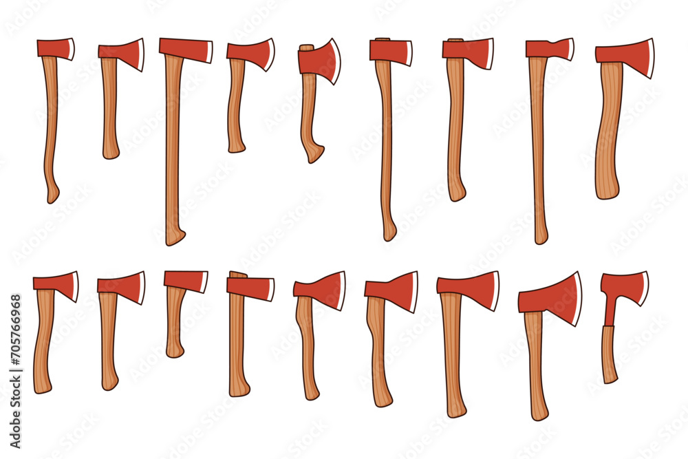Red wooden axe big set. Cartoon vector illustration on white background