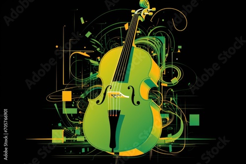  a green and yellow violin sitting on top of a black background with a swirly design on the bottom of the image and a green and yellow violin on the bottom right side of the image.