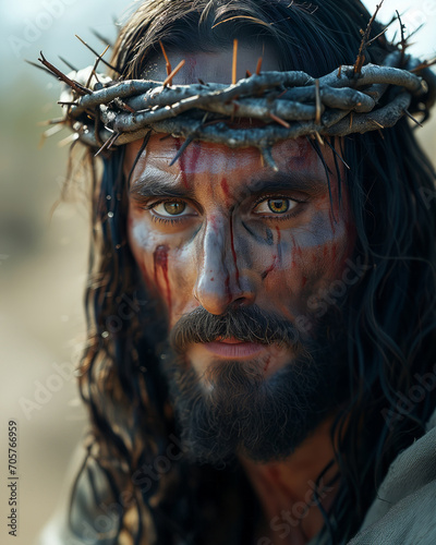 Jesus Christ wearing a crown of thorns with blood on his face. The Passion of the Christ. Jesus in the rain on the way to Golgotha