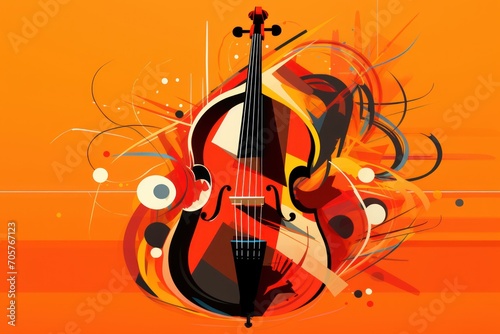  a violin on an orange background with swirls and circles in the shape of an abstract design on the front of the violin is a black, white, red, black, yellow, and orange, and black, and white, and.