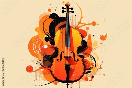  a violin on a white background with a splash of paint on the bottom of the violin and the strings are black, orange, yellow, red, and white.