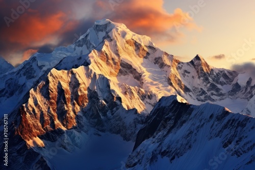  a very tall mountain covered in snow under a cloudy sky with a pink and yellow sunset in the middle of the top of the mountain and a few clouds in the foreground.