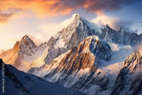 a very tall mountain covered in snow under a cloudy sky with a pink and yellow sunset in the middle of the mountain and a few clouds in the foreground.
