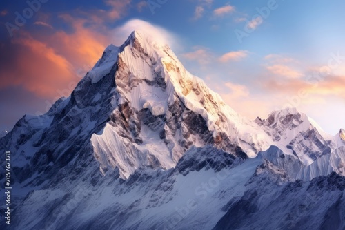  a very tall mountain covered in snow under a blue and pink sky with a few clouds in the sky and a few clouds in the top of the top of the mountain.