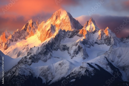  a very tall mountain covered in snow under a cloudy blue and pink sky with a pink and yellow light coming from the top of the mountain in the foreground.