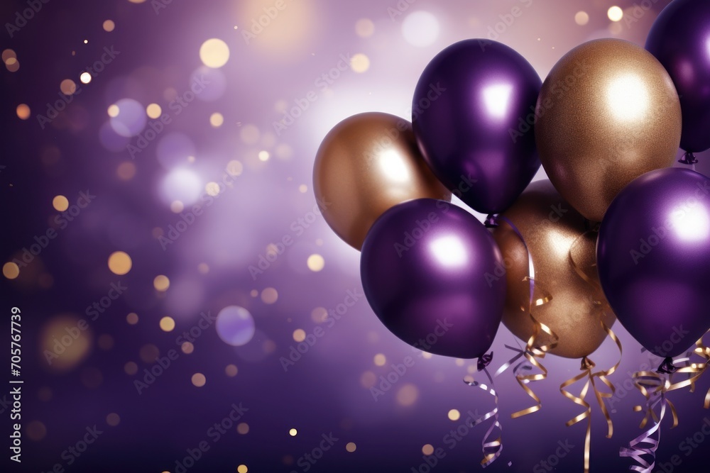 a bunch of purple and gold balloons with streamers of confetti on a ...