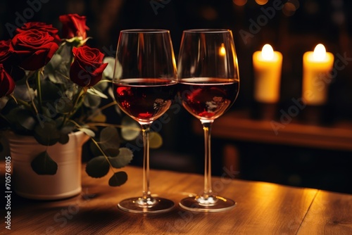 Romantic Evening With Red Wine and Roses by Candlelight