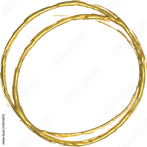 Zwei verbundene, ungleichmäßige Ringe aus Gold, mit Absplitterungen - 3D-Visualisierung - Designelement mit Lichtreflexion, als Überlagerung, Overlay oder Hintergrund
