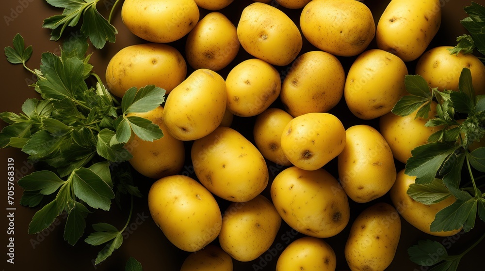  a pile of yellow potatoes sitting on top of a table next to a bunch of green leaves on top of each of the heads of the heads of the potatoes.