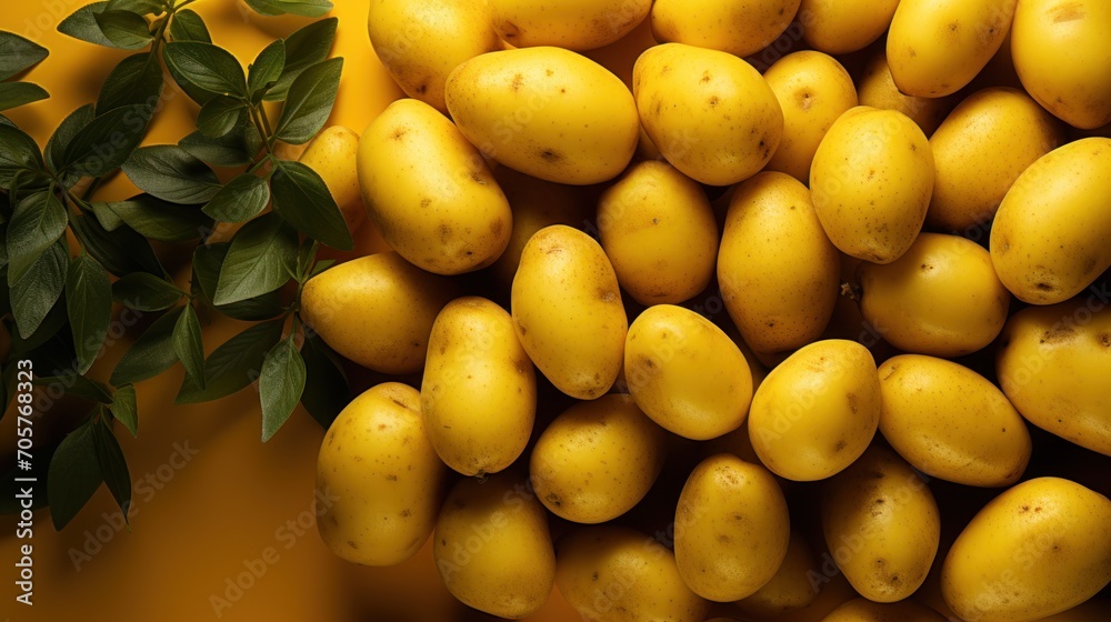  a pile of yellow potatoes sitting on top of a yellow counter top next to a green leafy plant on top of a yellow counter top next to a yellow wall.