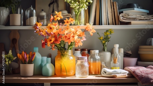  Organized Desk, Flowers, Spring Season, Workspace Refresh, Floral Decor, Productivity in Bloom