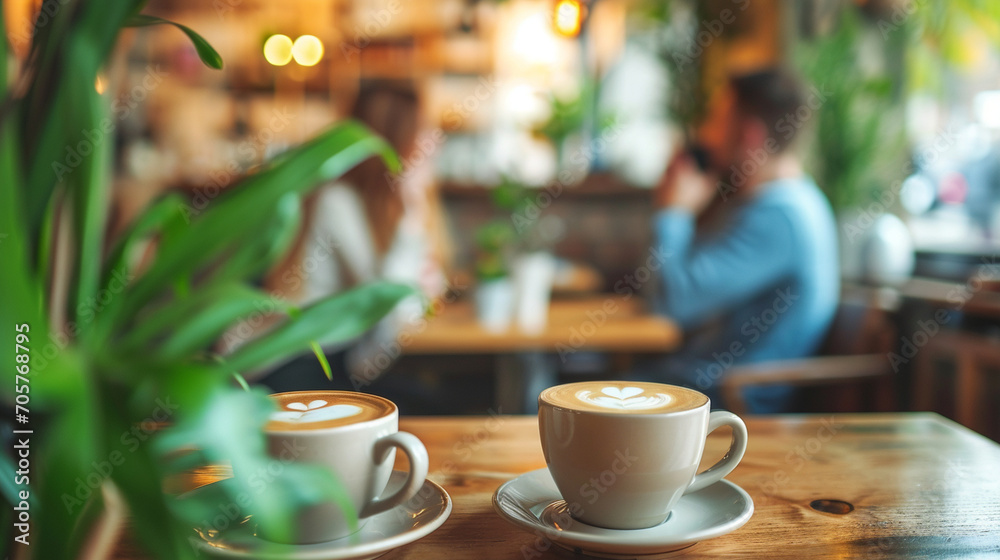 Two people enjoying a coffee date in a quaint café, Valentine’s Day, date, couple, blurred background, with copy space