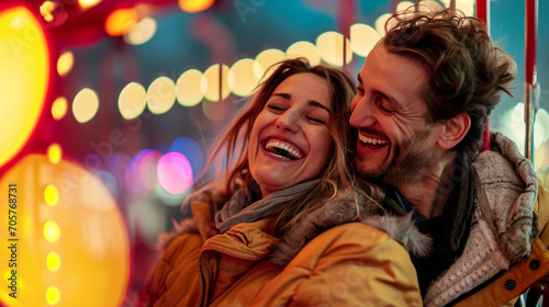 Two people laughing together at an amusement park, Valentine’s Day, date, couple, blurred background, with copy space