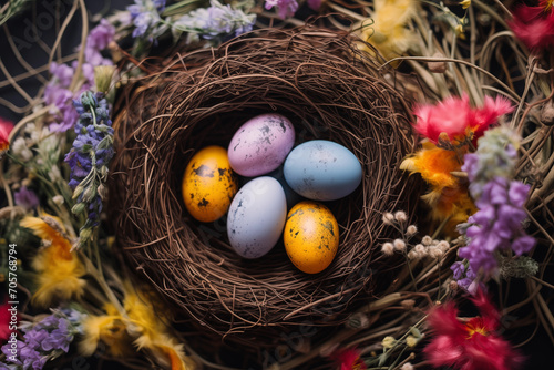 Osternest mit bunten Eiern, Ostereier Suche an Ostern, ein warmes Osterfest im Frühling, Ostern in der Natur photo