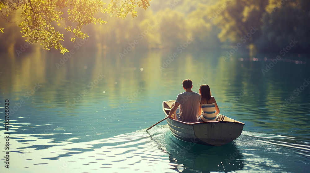 A couple on a romantic boat ride in a serene lake, Valentine’s Day, date, couple, blurred background, with copy space