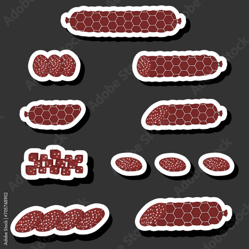 Illustration on theme big set different types delicatessen meat sausages