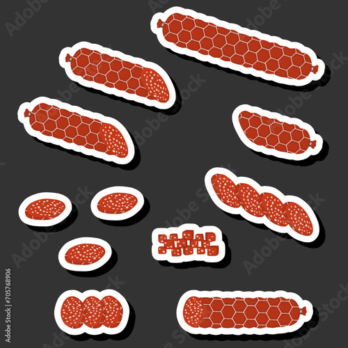 Illustration on theme big set different types delicatessen meat sausages