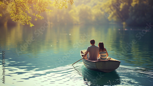 A couple on a romantic boat ride in a serene lake, Valentine’s Day, date, couple, blurred background, with copy space