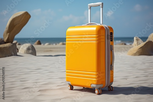 Bright yellow suitcase on sandy beach with clear sky, symbolizing travel and vacation. © Virtual Art Studio