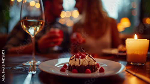 Two people sharing a dessert in a cozy restaurant, Valentine’s Day, date, couple, blurred background, with copy space