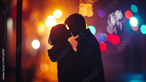 Two people sharing an intimate moment under a streetlight, Valentine’s Day, date, couple, blurred background, with copy space