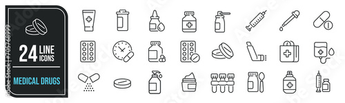
Medical drugs simple minimal thin line icons. Related pharmacy, pill, prescription, health. Editable stroke. Vector illustration.