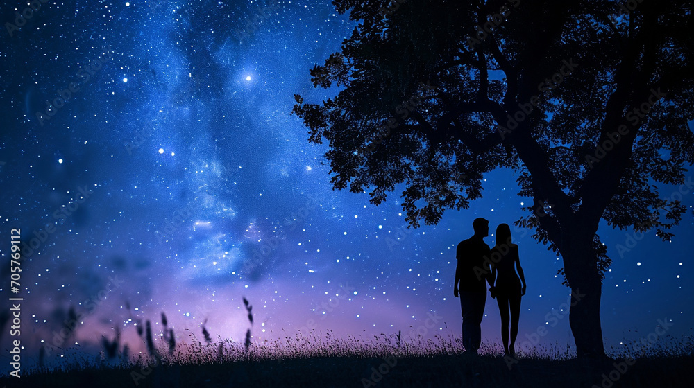 A couple taking a stroll under the stars, Valentine’s Day, date, couple, blurred background, with copy space