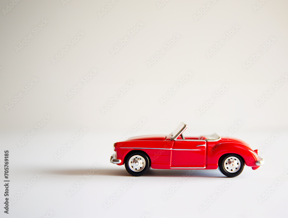 Red Convertible Vintage Toy Car on a Minimalist White Background with Copy Space