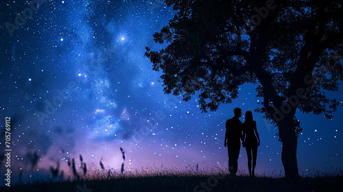 A couple taking a stroll under the stars, Valentine’s Day, date, couple, blurred background, with copy space