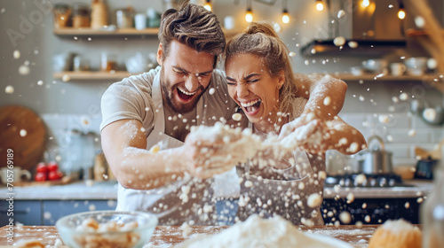 A couple having a playful food fight while baking, Valentine’s Day, date, couple, blurred background, with copy space photo