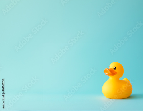 Classic Yellow Rubber Duck on Light Blue Background with Ample Copy Space