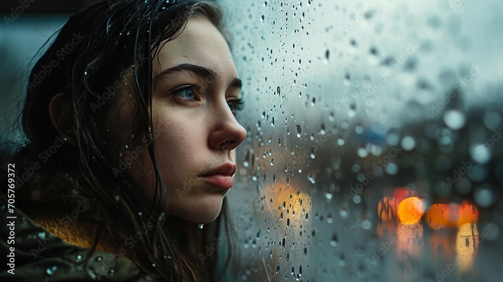 Thoughtful Girl Gazing at Rain from Inside the House Thoughtful Girl Gazing at Rain from Inside the House