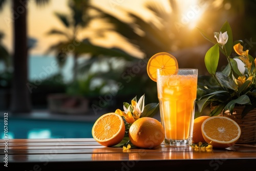  a glass of orange juice sitting on top of a wooden table next to a basket filled with oranges and a bunch of oranges next to a swimming pool.