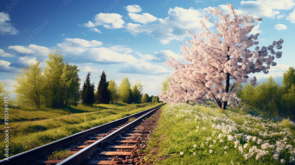 Spring sunset on railway tracks