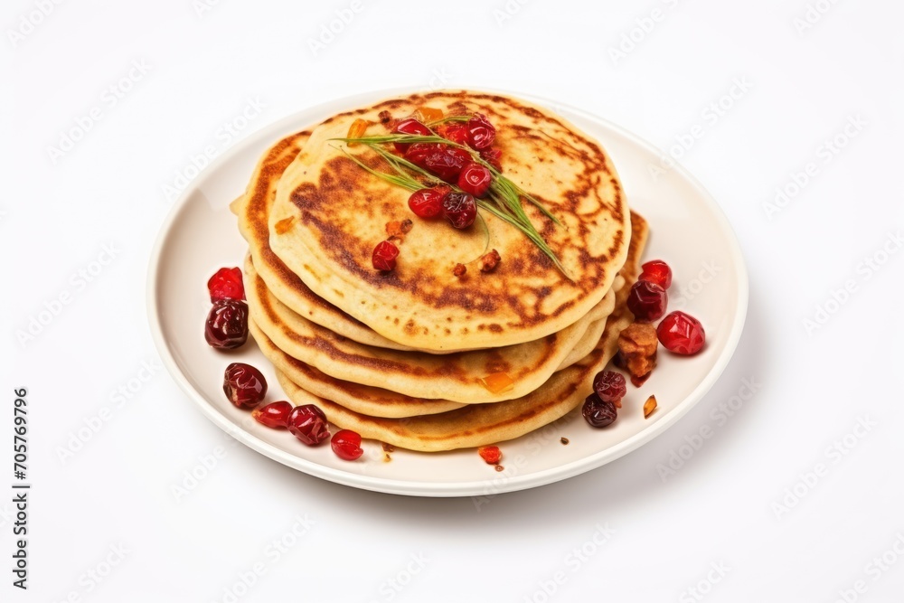  a stack of pancakes on a white plate with cranberries and a sprig of rosemary on top of the pancakes and cranberries on the plate.