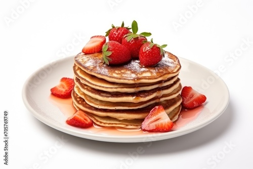  a stack of pancakes topped with strawberries on top of a white plate with syrup and syrup drizzled on top of the pancakes and topped with fresh strawberries.