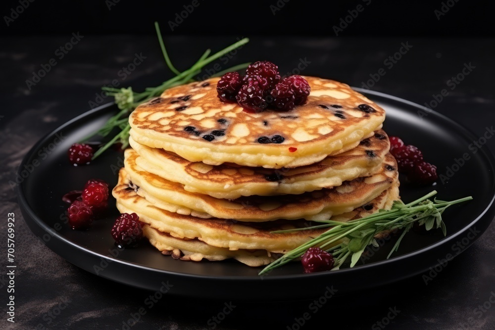  a stack of pancakes sitting on top of a black plate with raspberries on top of the pancakes and a sprig of rosemary on top of the pancakes.