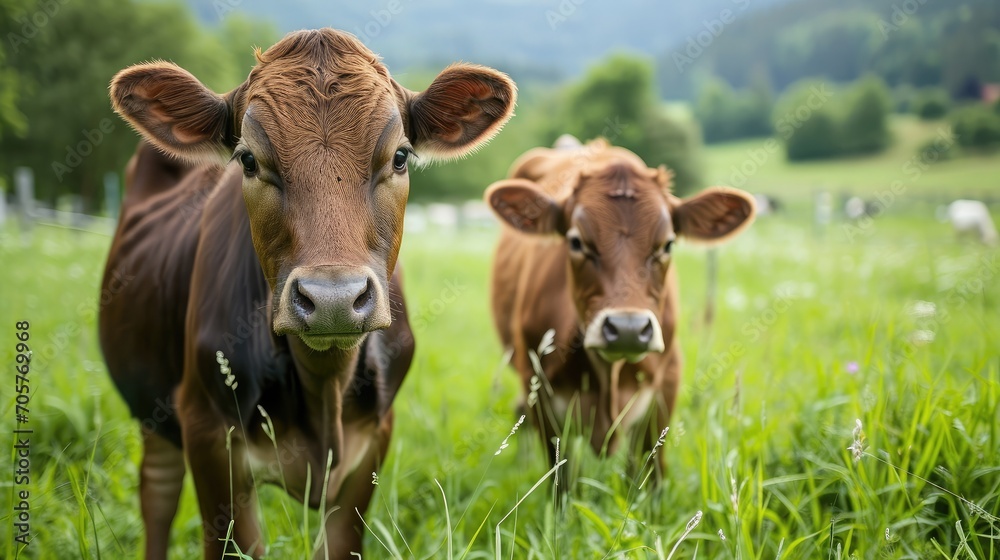 curious cows in a green grass pasture 