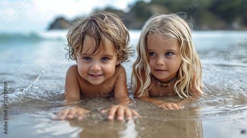 Gorgeous brother and sister ages 4 and 2 have fun digging in the sand at the beach