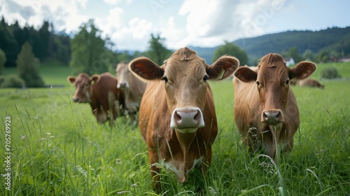 curious cows in a green grass pasture 