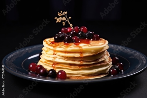  a stack of pancakes sitting on top of a blue plate covered in syrup and topped with fresh cranberries and a sprig of fresh cranberries.