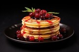  a stack of pancakes with syrup and cherries on a black plate with a green leafy garnish on top of one of the pancakes and on the other.