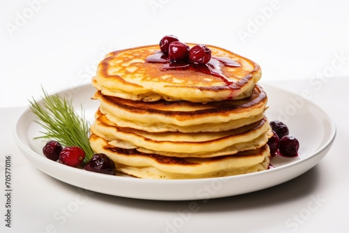  a stack of pancakes on a white plate with cranberry sauce and a sprig of rosemary on top of the pancakes on a white plate with a white background.