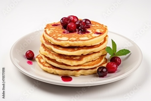  a stack of pancakes sitting on top of a white plate covered in cranberry sauce and fresh cranberries on top of a white plate with a green leaf.