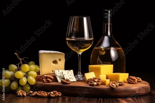  a bottle of wine, a glass of wine, cheese and nuts on a wooden board with a bottle of wine and a glass of wine on a black background.